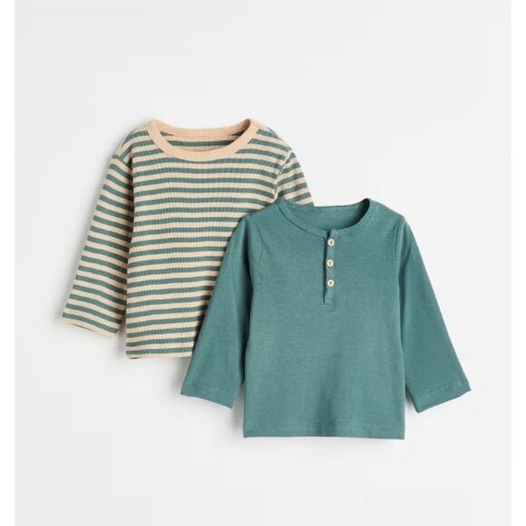 NWT H&M 2-pack Cotton Jersey Tops‎ Size 9M Color: Turquoise/striped - Picture 1 of 4